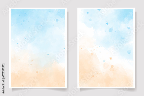 sea blue sky and sand beach watercolor background for wedding invitation card template collection 5x7
