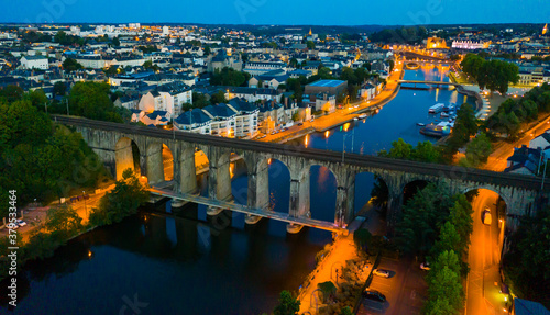 Laval city and Mayenne river in the evening. View from above. France photo