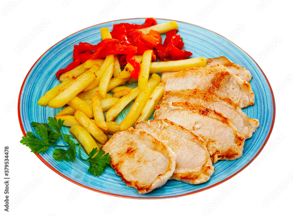 Sliced grilled pork steak served with french fries and pickled red bell pepper. Isolated over white background