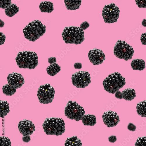 Falling Bramble Seamless pattern. Fresh Falling blackberry seamless pattern. Pattern with fresh wild berries isolated on pink background.