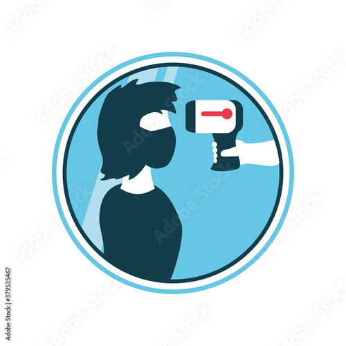 checking temperature of woman with medical mask detailed style icon vector design
