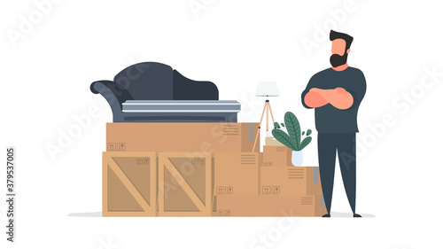 The guy is moving. A man stands with a pile of boxes. Sofa, houseplants, cardboard boxes. Moving home. Isolated. Vector.