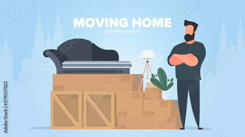 Moving home banner. Moving to a new place. Wooden boxes, cardboard boxes, sofa, houseplant, floor lamp. Isolated. Vector.