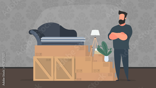 The guy is moving. A man stands with a pile of boxes. Sofa, houseplants, cardboard boxes. Moving home. Vector.
