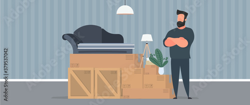 The guy is moving. A man stands with a pile of boxes. Sofa, houseplants, cardboard boxes. Moving home. Vector.