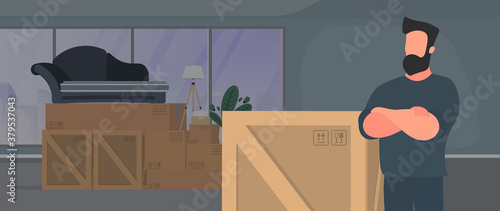 The guy is moving. A man stands with a pile of boxes. Sofa, houseplants, cardboard boxes. Moving home. Vector.