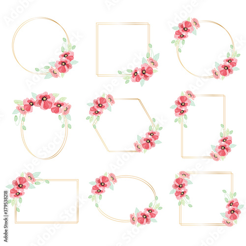 watercolor red poppy flower wreath with golden frame collection for veteran's day
