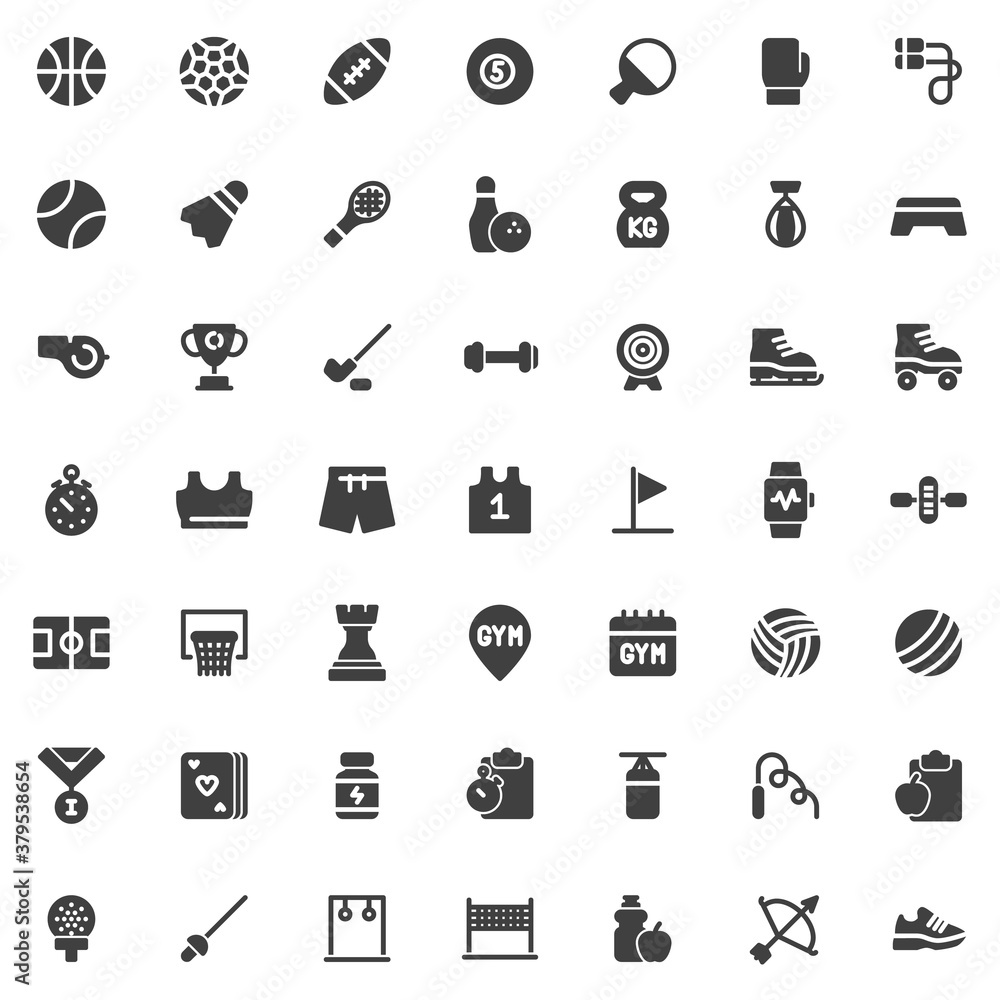 Sports equipment vector icons set, modern solid symbol collection, filled style pictogram pack. Signs, logo illustration. Set includes icons as basketball, soccer ball, tennis, clothes, exercise plan Sports equipment vector icons set, modern solid symbol collection, filled style pictogram pack. Signs, logo illustration. Set includes icons as basketball, soccer ball, tennis, clothes, exercise plan