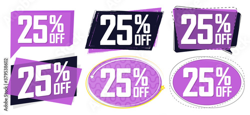 Set Sale 25% off banners, discount tags design template, lowest price, vector illustration
