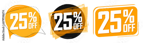 Set Sale 25% off banners, discount tags design template, lowest price, vector illustration