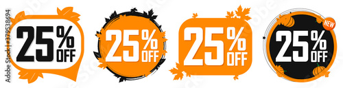 Set Autumn Sale 25% off banners, discount tags design template, Fall lowest price, vector illustration