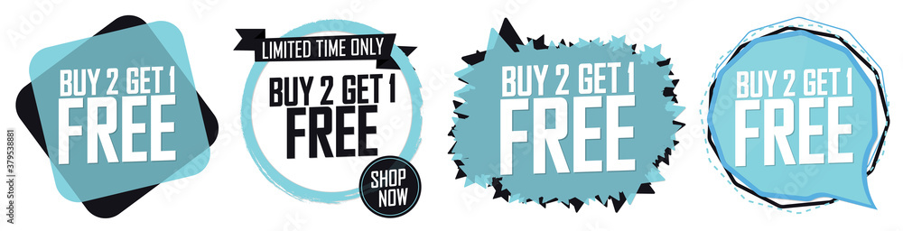 Buy 2 Get 1 Free, Set Sale banners design template, discount tags collection, great offer, vector illustration