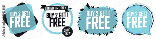 Buy 2 Get 1 Free, Set Sale banners design template, discount tags collection, great offer, vector illustration