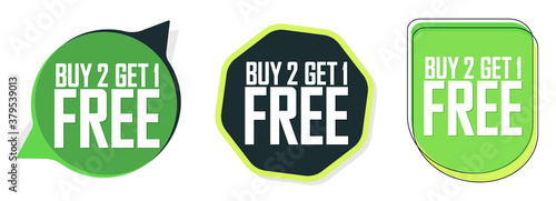 Buy 2 Get 1 Free, Set Sale banners design template, discount tags collection, great offer, vector illustration