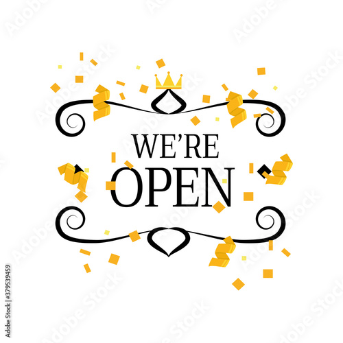 we are open with frame crown and confetti detailed style icon vector design