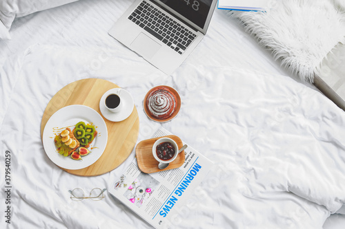 Tray with tasty breakfast, ...