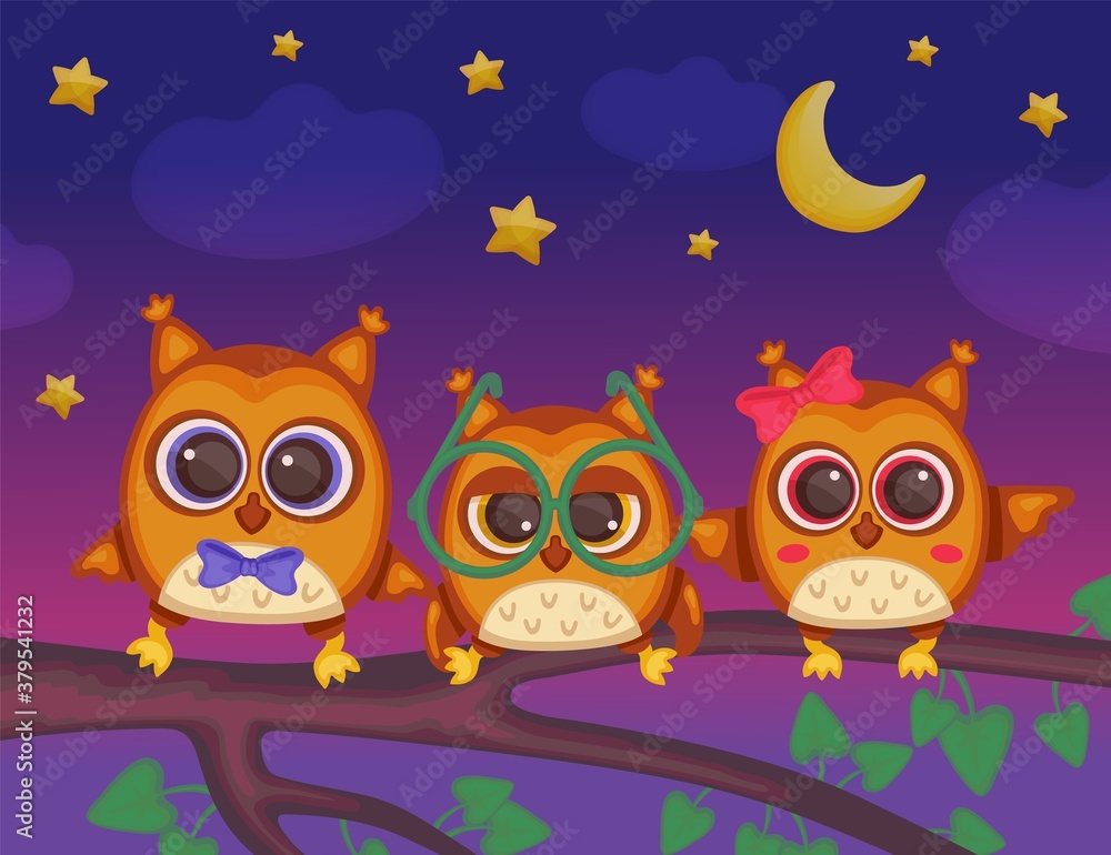 Fototapeta premium Night owls childish cartoon characters sitting on tree branch, flat vector illustration.
