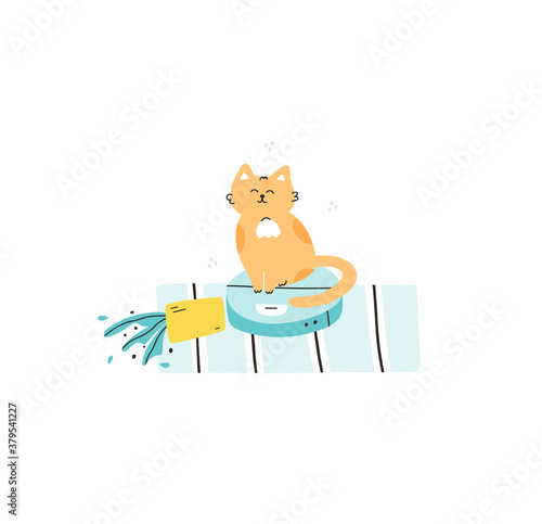 Funny cat riding on robot vacuum cleaner crashed into home plant. Vector hand drawn illustration.  