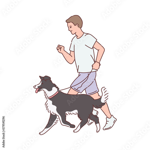 Man cartoon character walking with his dog, sketch vector illustration isolated.