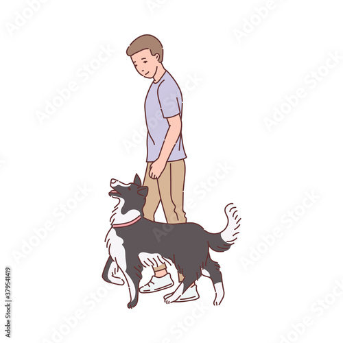 Trained dog walks next to owner, sketch cartoon vector illustration isolated.