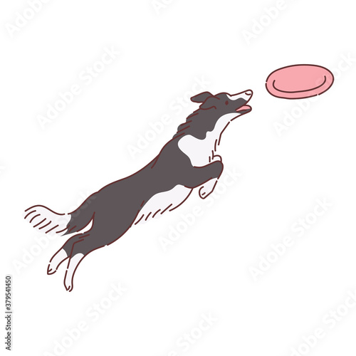 Dog cartoon character jumps after frisbee disk flat vector illustration isolated.