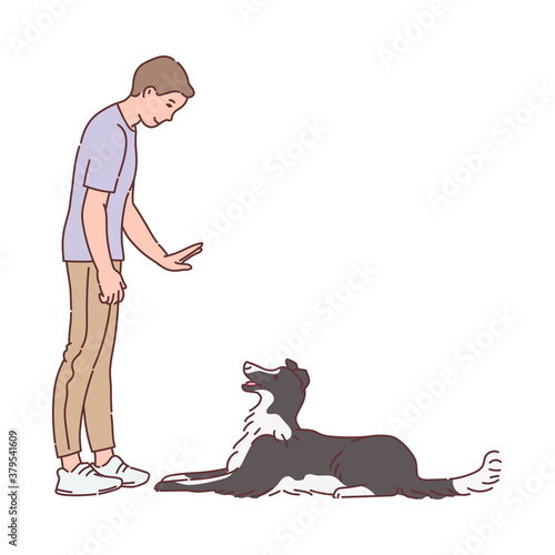 Man training a dog to understand command, sketch vector illustration isolated.