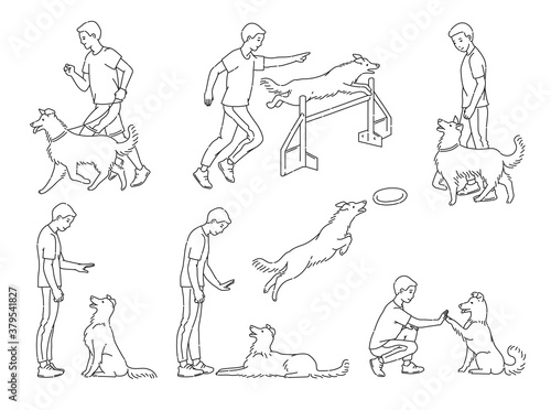 Scenes of dog training with sketch line characters vector illustration isolated.