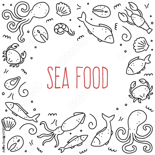 Hand drawn frame of seafood elements, fish, lobster, oyster, octopus, shrimp. Doodle sketch style. Sea food element drawn by dogital pen. Vector illustration for icon, menu, recipe design.