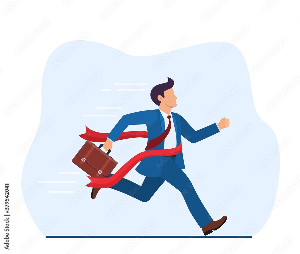Manager or businessman at finish line. A man in a suit crosses the finish line, red ribbon. Business Achievement. Successful Manager. Vector illustration in flat style.