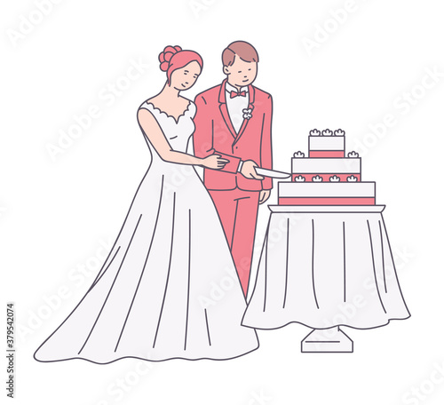 Bride and groom cutting wedding cake sketch cartoon vector illustration isolated.