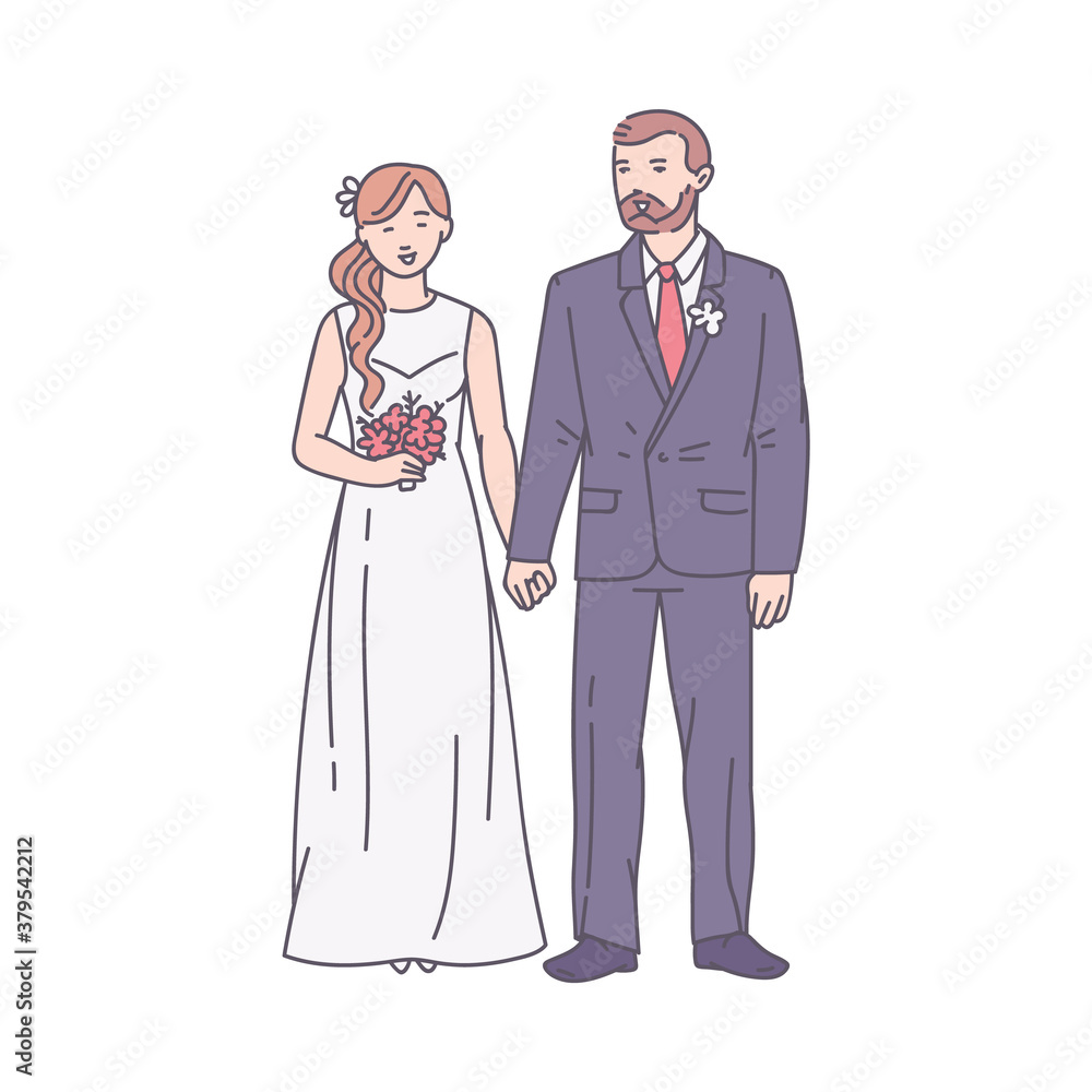 Groom and bride in wedding outfit sketch cartoon vector illustration isolated.