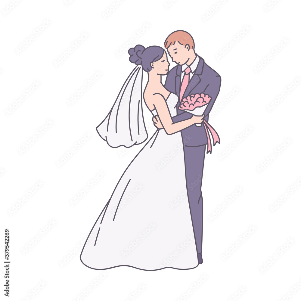 Fototapeta premium Bride in white dress and groom cartoon sketch vector illustration isolated.