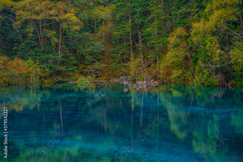 The beautiful turquoise water in ,lakes with forest in Jiuzhai Valley, in Sichuan, China, summer time.