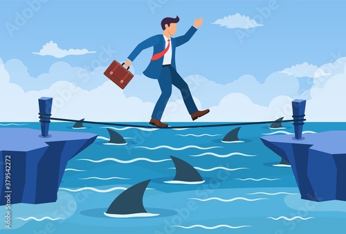 Businessman walking a tightrope over shark in water. Businessman walking on rope with briefcase. Obstacle on road, financial crisis. Risk management challenge. Vector illustration in flat style.