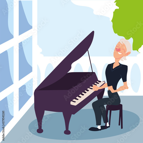 elderly woman playing a piano, active senior