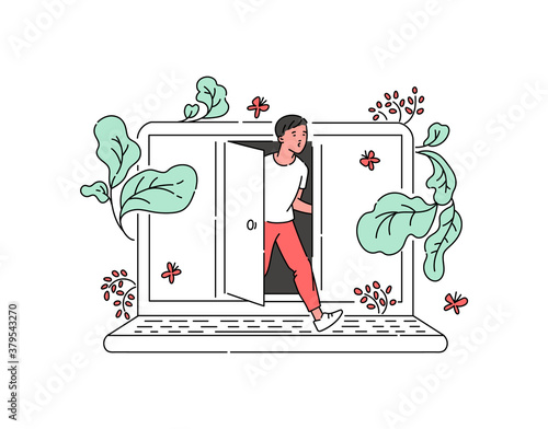 Digital detox with woman steps out of laptop, sketch cartoon vector illustration.