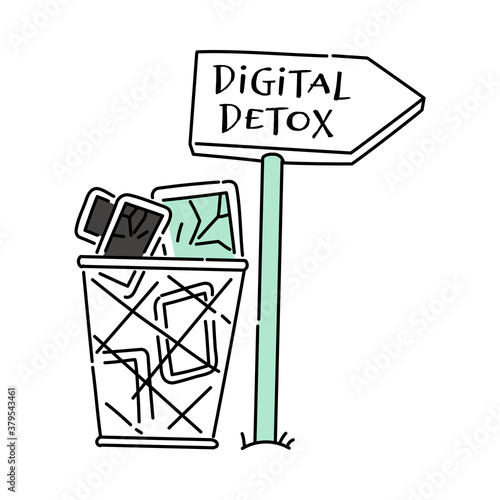 Digital detox trash bin full of devices, sketch vector illustration isolated.