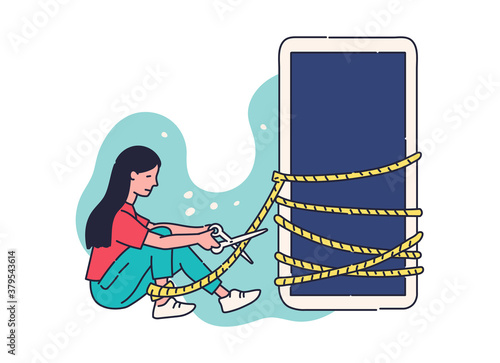 Smartphone addicted woman tied to the phone sketch vector illustration isolated.