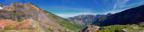 Lake Blanche Hiking Trail panorama views. Wasatch Front Rocky Mountains, Twin Peaks Wilderness, Wasatch National Forest in Big Cottonwood Canyon in Salt Lake County Utah. United States.