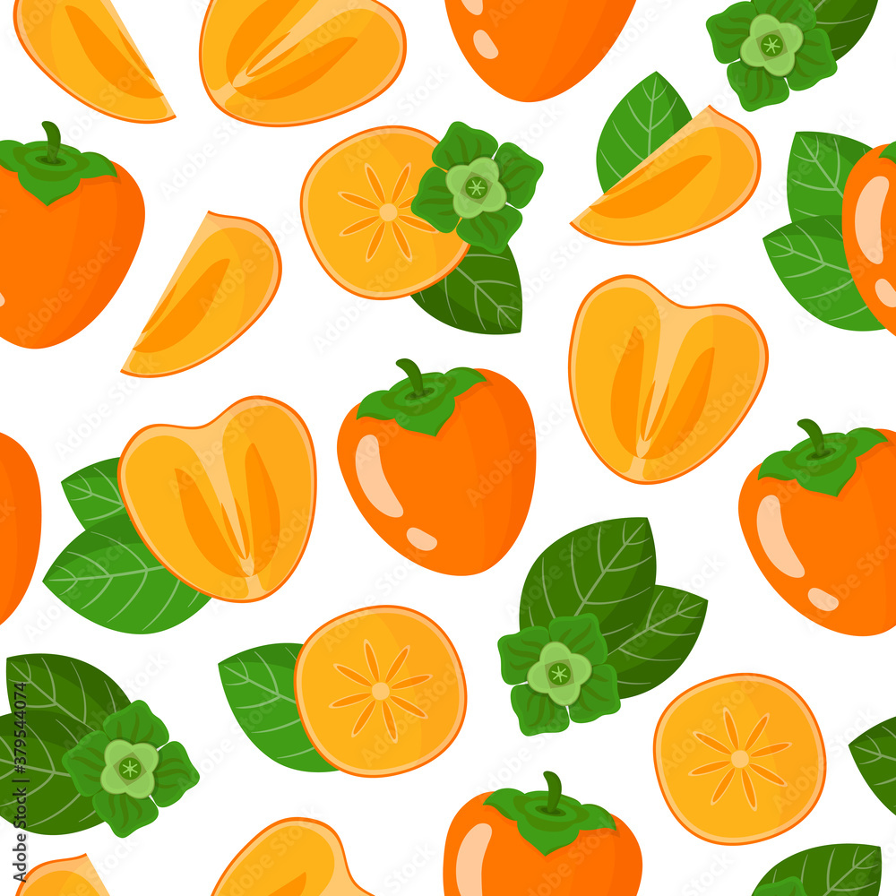 Vector cartoon seamless pattern with Diospyros or Persimmon exotic fruits, flowers and leafs on white background Vector cartoon seamless pattern with Diospyros or Persimmon exotic fruits, flowers and leafs on white background