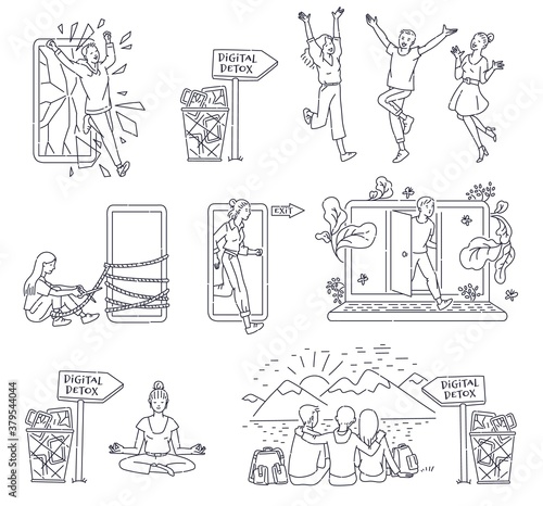 Line set on digital detox topic with people sketch vector illustration isolated.