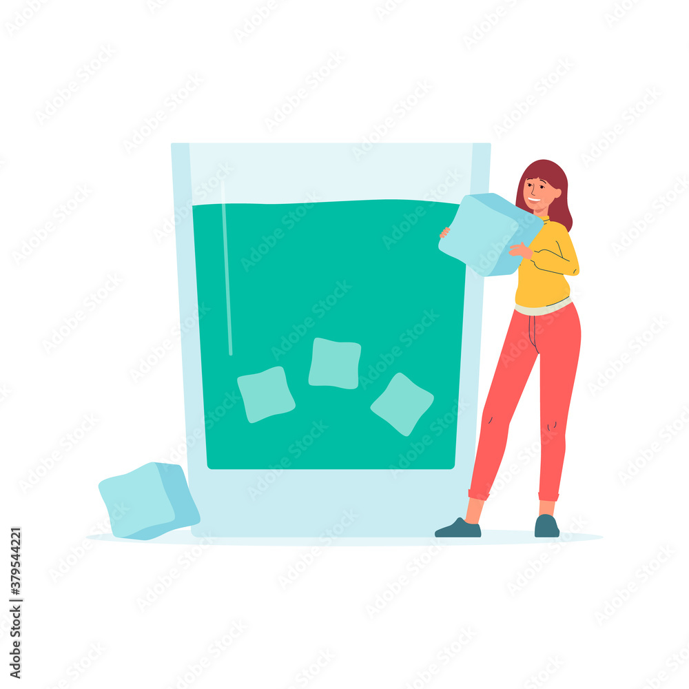 Tiny woman putting ice into summer cocktail flat vector illustration isolated. Tiny woman putting ice into summer cocktail flat vector illustration isolated.
