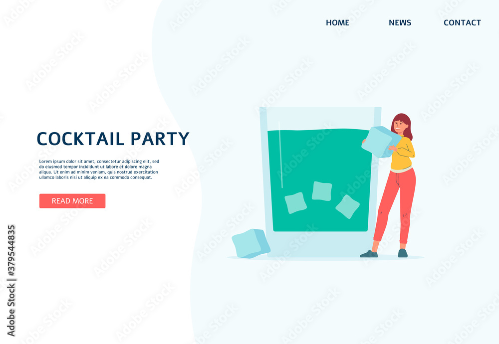 Cocktail drink with ice cubes - website banner template with cartoon woman