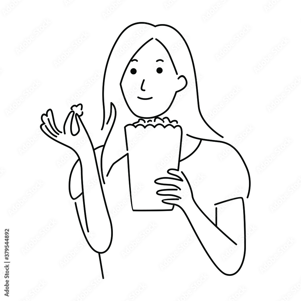 Cute girl eating popcorn, line art illustration Cute girl eating popcorn, line art illustration