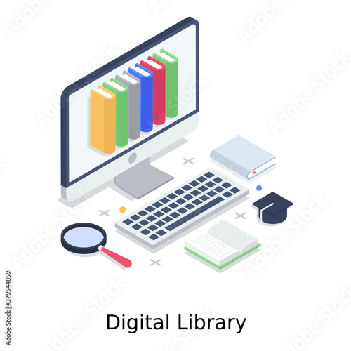  Magnifier with computer depicting digital library   © Vectors Market