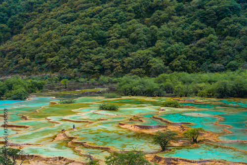 The turquoise color hot spring pools in Huanglong Valley, Sichuan, China, on summer time.