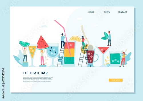 Web page for summer cocktail bar with tiny bartenders flat vector illustration.