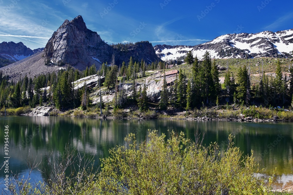 Lake Blanche Hiking Trail panorama views. Wasatch Front Rocky Mountains, Twin Peaks Wilderness,  Wasatch National Forest in Big Cottonwood Canyon in Salt Lake County Utah. United States.