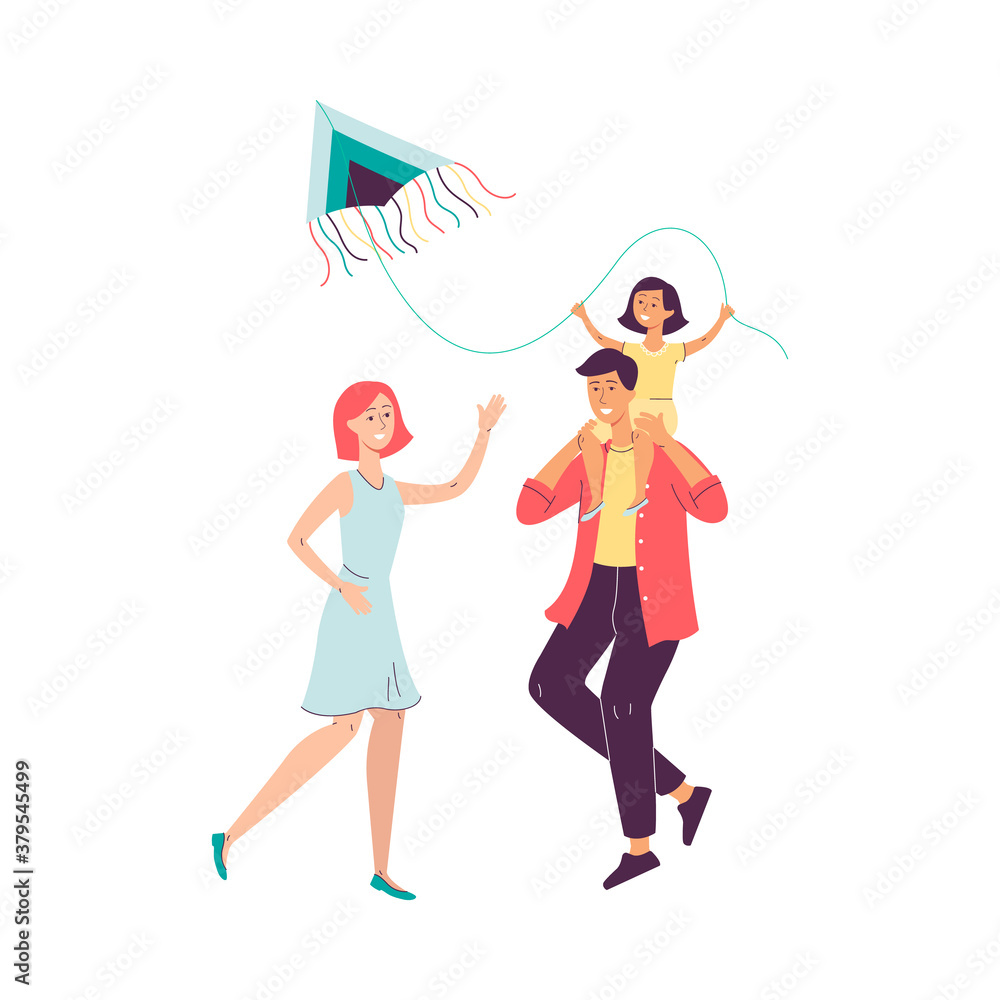 Happy family with child launching a kite flat vector illustration isolated. Happy family with child launching a kite flat vector illustration isolated.