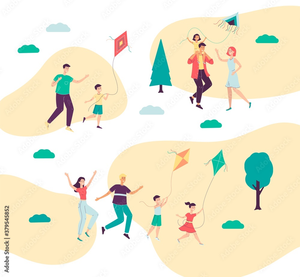 Families with children having joyful vacation in park, flat vector illustration. Families with children having joyful vacation in park, flat vector illustration.